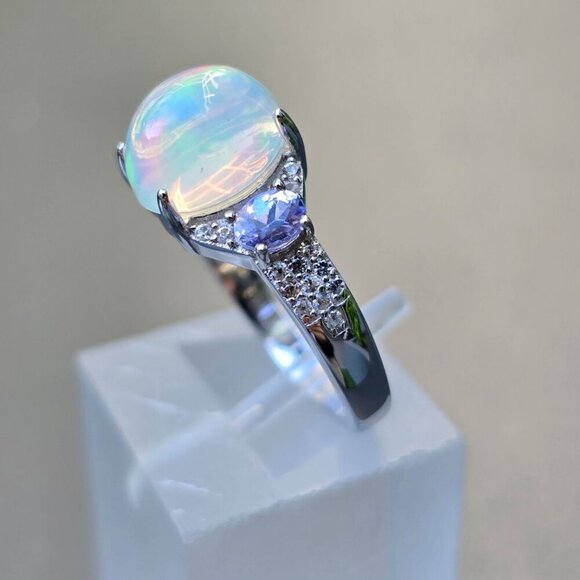 Ethiopian Opal ✦ Tanzanite Aurora Grove Ring ✦ 2.00ctw Rhodium Over Sterling 6 - Picture 4 of 17